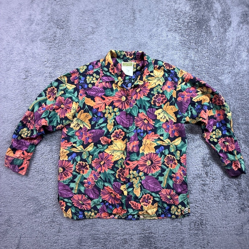 Esprit Vintage Floral Button Up Shirt Womens S Colorful Long Sleeve Blouse